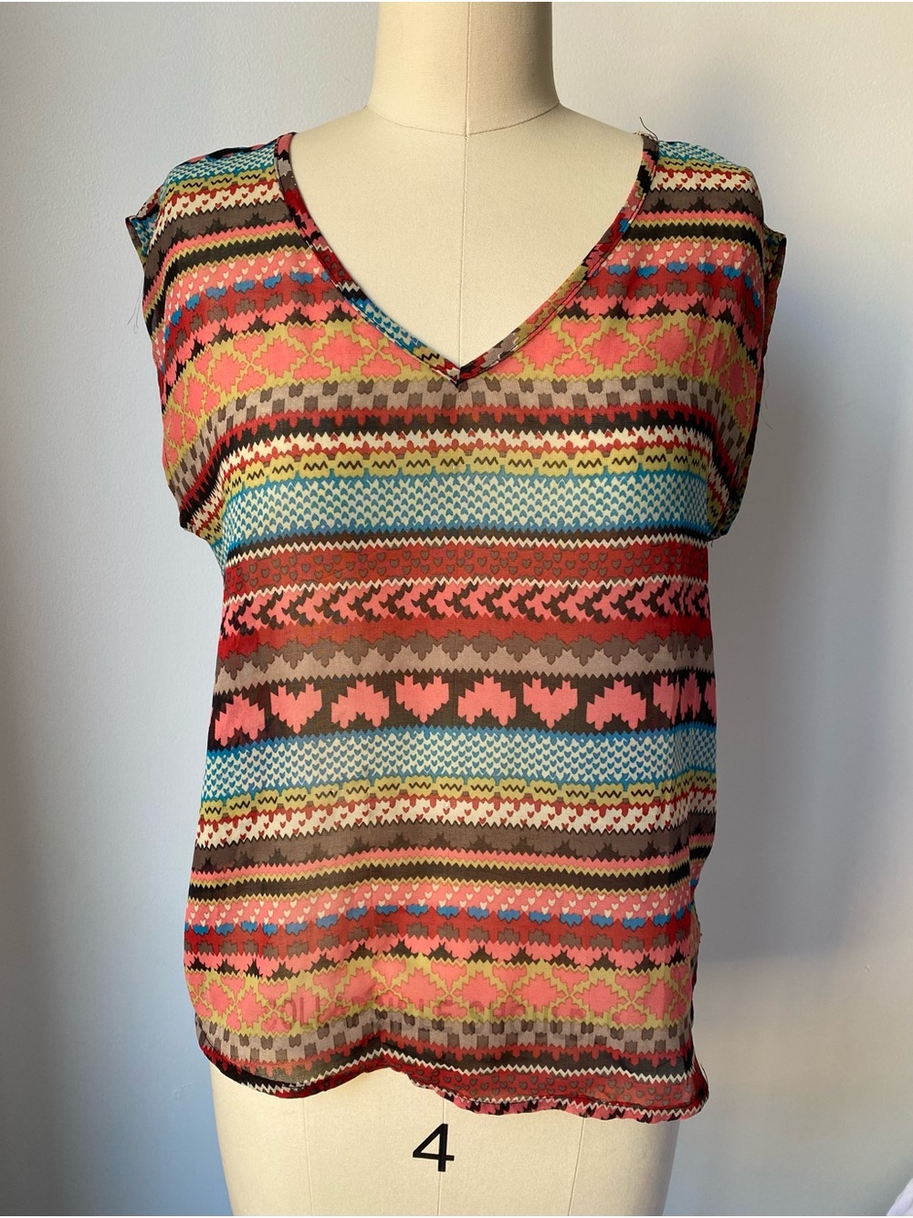 Vintage Y2K Imaginary Voyage Boho Geometric Sheer Pink Multicolored V-Neck Top